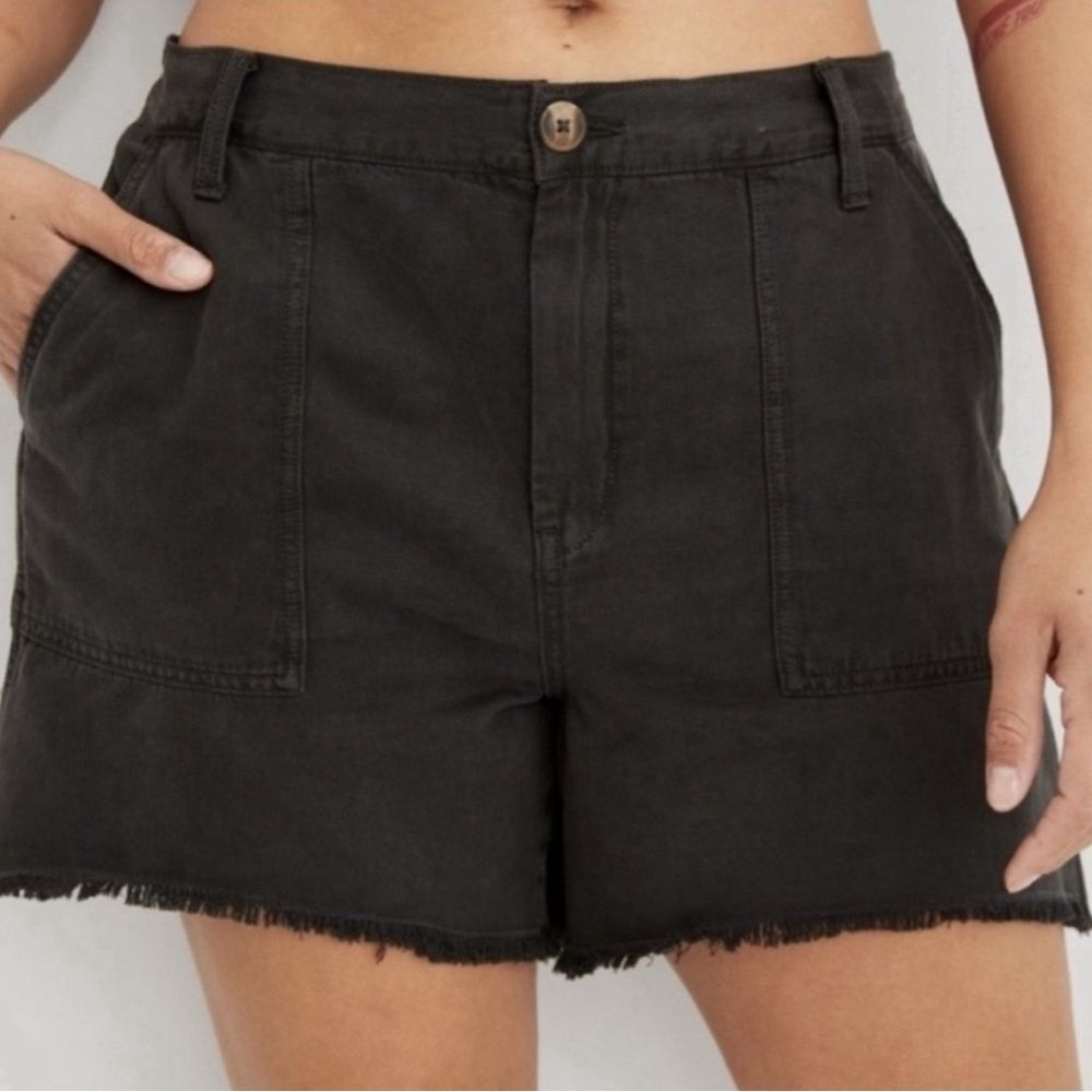 Aerie Frayed Hem Elastic Waist Adventure Linen Blend Black Shorts Size Small NWT